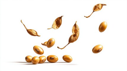 Soybeans levitate isolated on a white background.