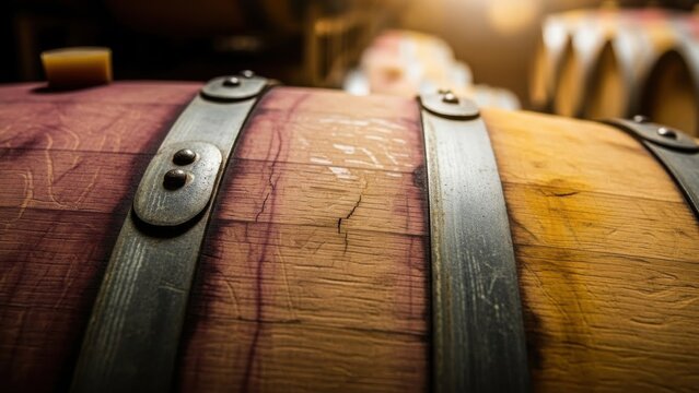 Weathered Oak Wine Barrel with Dark Metal Hoops Showing Stains and Scratches from Years of Aging Complex, Characterful Cellar Vintages

