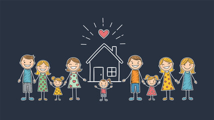 Childlike drawing of a large happy family with many children standing in front of their home under a red heart.