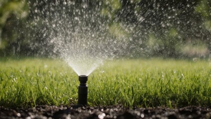 Close-up of a garden sprinkler spraying water onto a grassy lawn