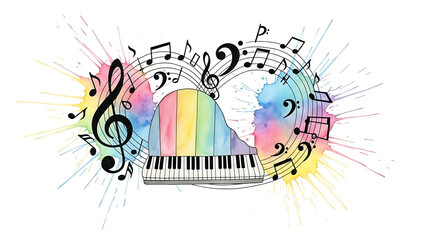Watercolor grand piano illustration with floating rainbow music notes