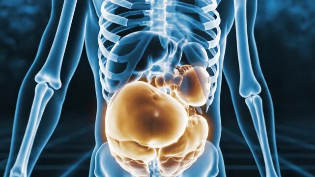 Cinematic radiological visualization comparing human obesity with healthy normal weight body composition, illustrating skeletal frame and fat tissue distribution for healthcare education.