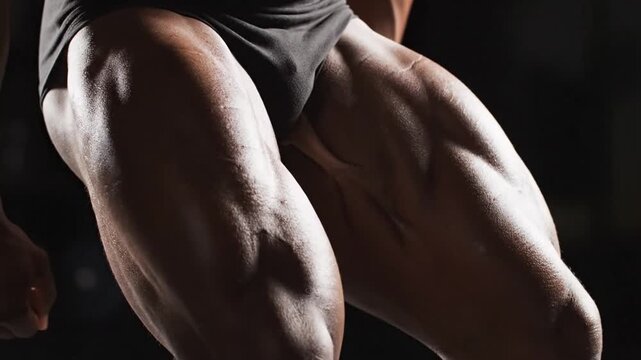 Cinematic anatomical visualization of human thigh muscle structure featuring detailed quadriceps and hamstring fibers in a realistic medical representation.