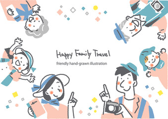楽しい家族旅行　カラフルでお洒落な手描きの人物イラスト