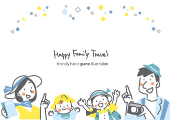 楽しい家族旅行のフレーム　カラフルでお洒落な手描きの人物イラスト
