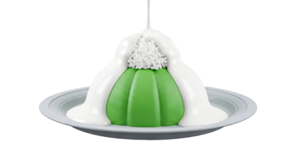Green jelly with rice and cream on a plate