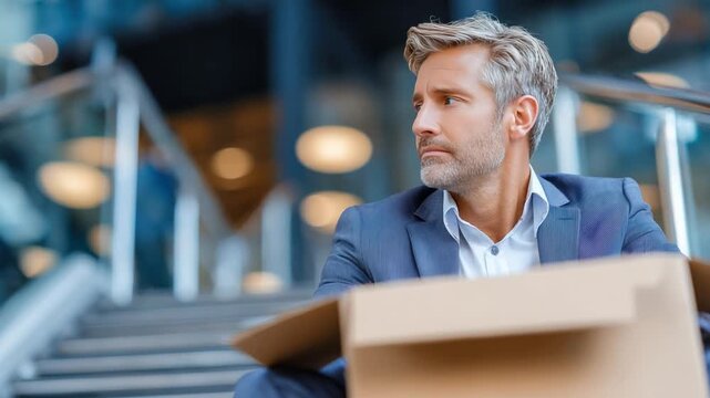 Dismissal and Reflection: A man in a suit is on the stairs, holding a box in a moment of professional setback. Capturing both the challenges and the potential for a fresh start.