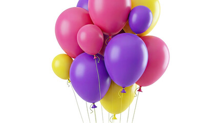Bunch of pink, purple, and yellow balloons against a white background