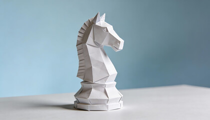 White origami chess knight on table minimal 3d render concept of strategic planning creative thinking leadership tactics competition and business decision making