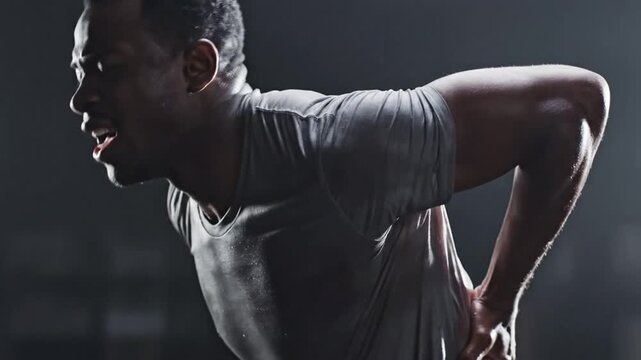 Cinematic slow motion shot of an adult man experiencing severe spine ache and backbone injury, illustrating chronic back pain and orthopedic medical concept in professional high definition studio
