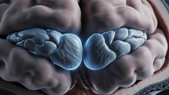 Cinematic slow-motion visualization of human brain basal ganglia anatomy featuring a detailed cross-section view of neural structure and cerebral pathway in high-resolution medical animation.