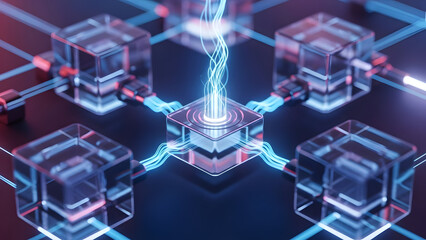 A sophisticated central processing unit emits vibrant blue data streams connecting to four surrounding translucent cubes in a high-tech network.