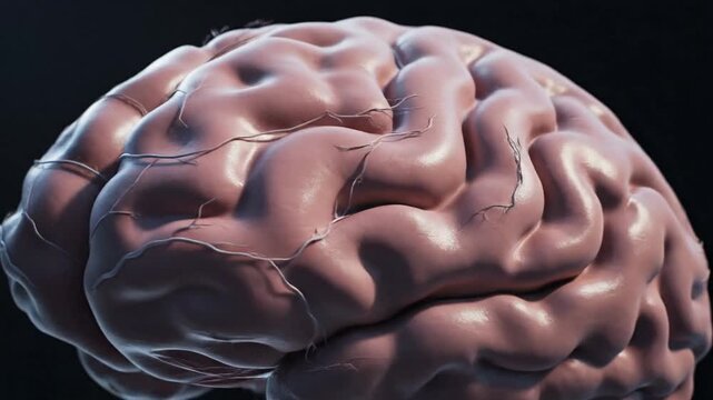 Cinematic lateral view of human female cerebrum anatomy showcasing detailed brain structure with glowing neural pathways and scientific medical visualization in ultra high definition 4K resolution.
