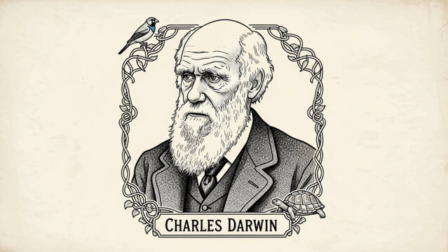 Vintage black and white illustration of charles darwin surrounded