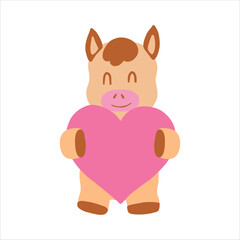Hand-painted illustration, cute horse for Valentine's Day, birthday, Year of the Horse celebration.