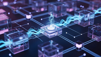 A wide perspective shows a vast, interconnected digital network with a central glowing processor sending wavy blue data streams to multiple translucent nodes.