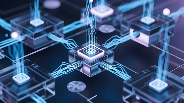 Multiple luminous digital processors interconnected by glowing blue data streams form a powerful, distributed computing network on a dark background.