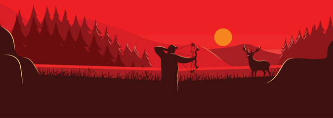 Sunset Hunting Silhouette with Bow and Deer