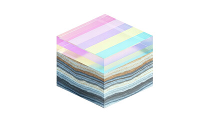 Layered Cube with Iridescent Top and Geological Strata Base