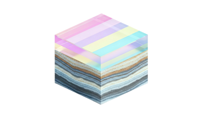Layered Cube with Iridescent Top and Geological Strata Base