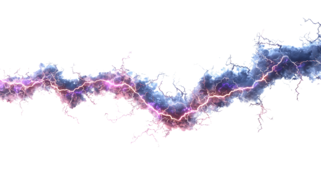 Vibrant purple and pink lightning bolt on transparent background with electric sparks - Powered by Adobe