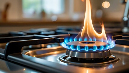 Close-up gas stove burner with blue flame and orange tips in modern kitchen, showcasing clean minimal design, realistic lighting, shallow depth of field, premium photography
