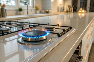 Close-up gas stove burner with blue flame and orange tips in modern kitchen, showcasing clean minimal design, realistic lighting, shallow depth of field, premium photography