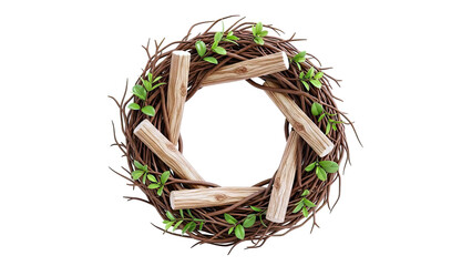 Rustic Twig Wreath with Wooden Accents and Green Leaves