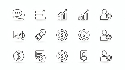 Modern Business and Financial Management Vector Line Icons Collection Essential Symbols for Growth, Communication, User Settings, and Economic Strategy