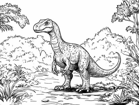 Abelisaurus Dinosaur Coloring Page Line Art Illustration in Prehistoric Forest Scene