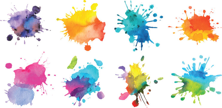 Collection of vibrant watercolor paint splashes and ink blots in different colors for artistic design. A vibrant collection of colorful paint splatters and abstract ink splashes on white background. 