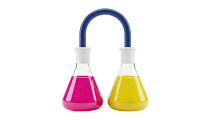 Two Erlenmeyer flasks connected by a U-shaped tube, filled with pink and yellow liquids.