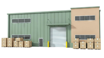 Warehouse building with loading dock and stacked boxes