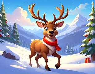 Animated reindeer wearing a red scarf in a snowy winter landscape, smiling, with Christmas trees and mountains