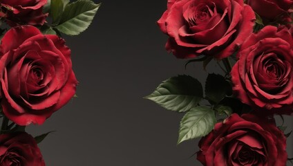 Close-up of deep red roses, dark background. Lush blooms frame a center space