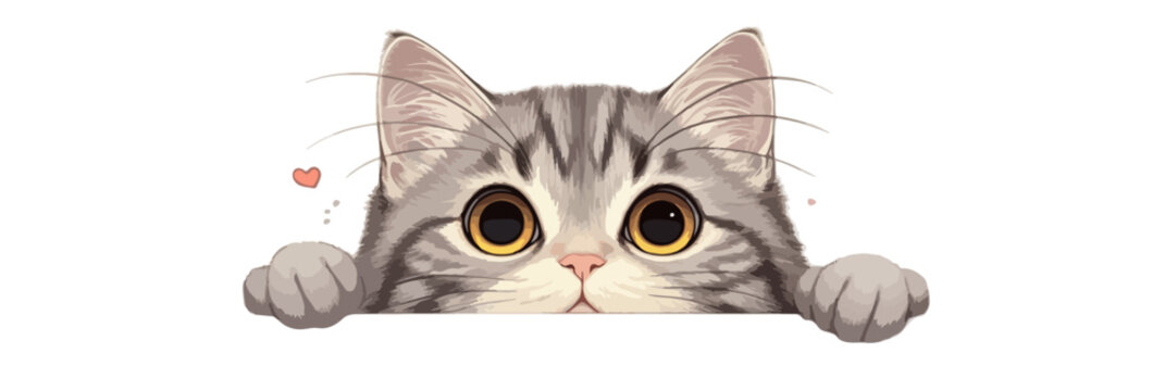 白い背景から可愛らしい縞模様の子猫が大きな瞳でこちらを覗き込んでいる、透明感のあるイラストレーション。