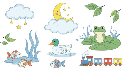 Collection of cute cartoon stickers featuring a train, animals, moon, stars, and clouds for nursery decor and scrapbooking.