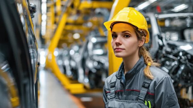 Industry Supervisor: A determined supervisor, clad in a protective hardhat, observes the bustling automotive manufacturing line, embodying the dedication and expertise integral to the industry.