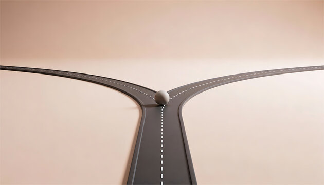 Minimal 3d render of forked road with small sphere at intersection concept of decision making choice strategy pathway direction and business planning