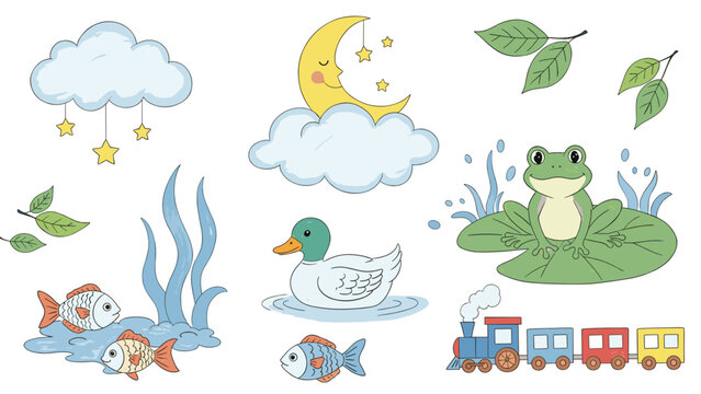 Collection of cute cartoon stickers featuring a train, animals, moon, stars, and clouds for nursery decor and scrapbooking.