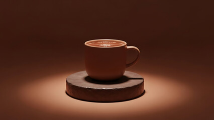 Warm and inviting hot chocolate in a rustic mug, bathed in a gentle spotlight, creating a cozy and comforting beverage moment with an alluring glow