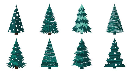 Obraz premium Set of eight stylized Christmas trees with various decorations like snow and lights for holiday greetings and seasonal design.