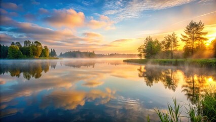 Fototapeta premium A serene lake at dawn with mist rising from the water
