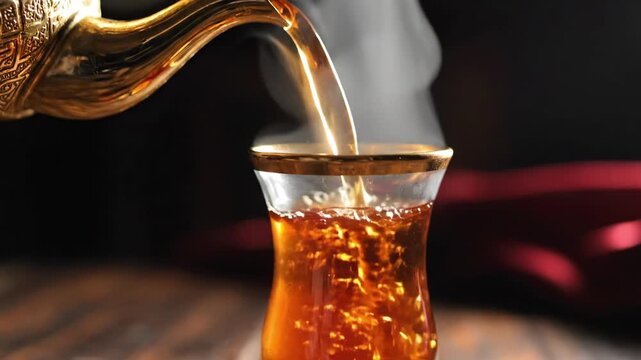 Dramatic 4K Slow Motion Pouring of Hot Arabic Tea from Golden Dallah Kettle during Ramadhan Iftar Dinner