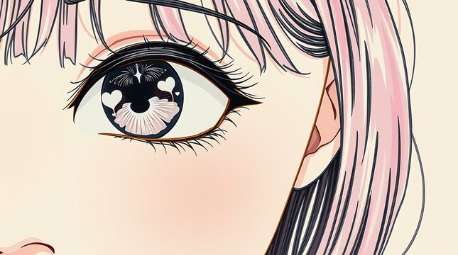A close-up of an anime girl's eye with pink hair