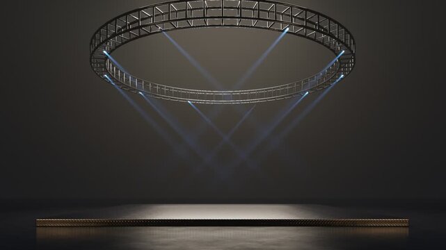 Modern empty concert stage with dramatic lighting, truss structure and spotlights, ideal for events, performances, presentations, and entertainment backgrounds.
