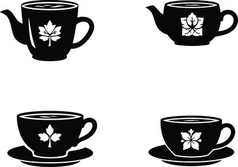 Obraz premium Set of elegant black tea cup and teapot icons with floral leaf patterns isolated on white background flat vector illustration for cafe menu.