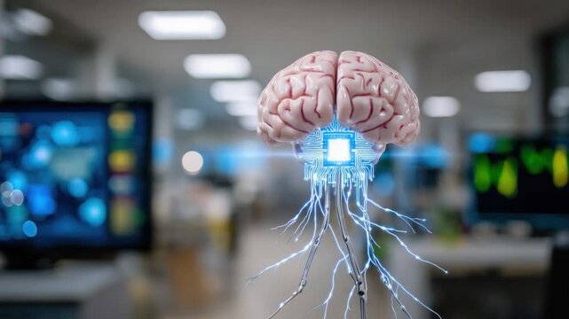 Brain and Technology: A cutting-edge representation of the human brain, interlinked with technology and circuits, symbolizing the convergence of intelligence and innovation.