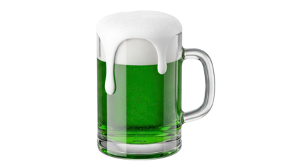 Glass mug of green beer with overflowing foam