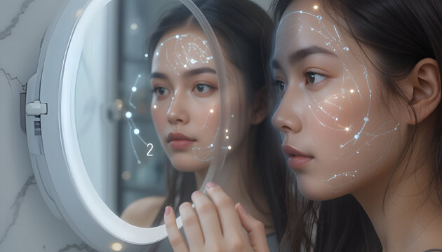 Woman with futuristic facial scan looking in mirror